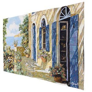Le Porte Blue Mediterranean Village House Grande Tapestry Wall Hanging